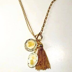 Gold-Tone Layered Tassel Pendant Necklace Textured Oval Charms - Women's Jewelry